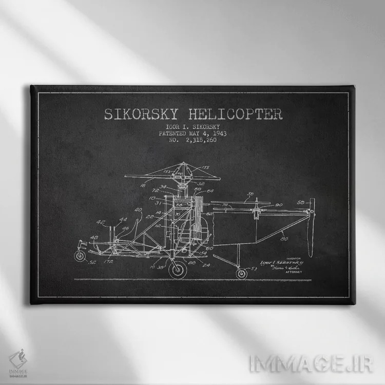 تابلو نقشهٔ ثبت اختراع هلیکوپتر (زغالی) اثر پیکسل کهنه (استودیو/نام هنری) - نمای روبهرو روی دیوار