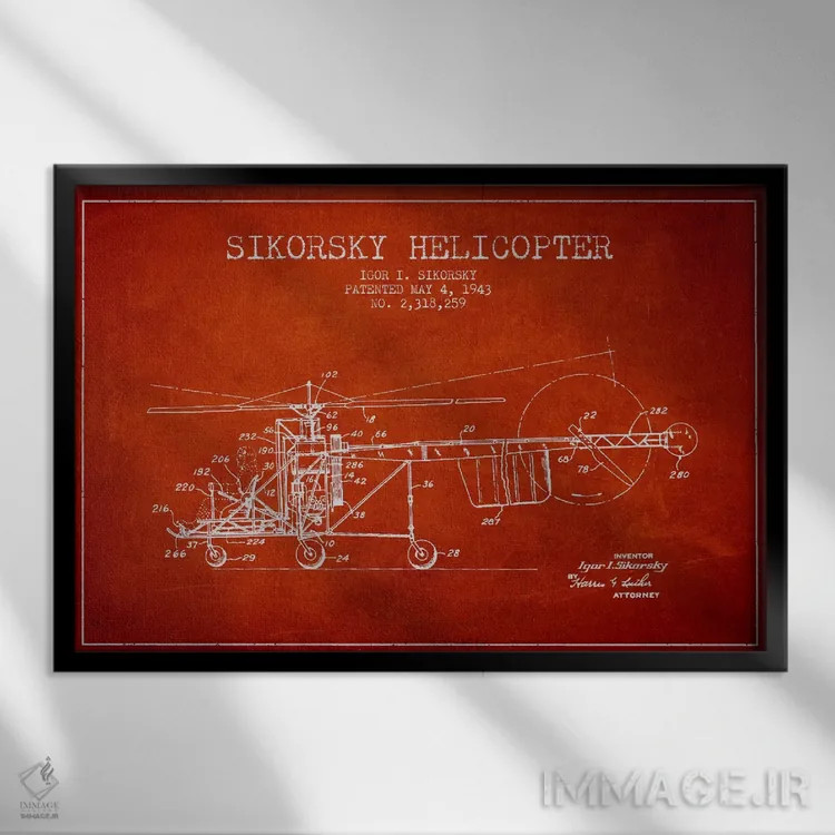 تابلو نقشهٔ ثبت اختراع هلیکوپتر (قرمز) اثر پیکسل کهنه (استودیو/نام هنری) - نمای قابدار مشکی