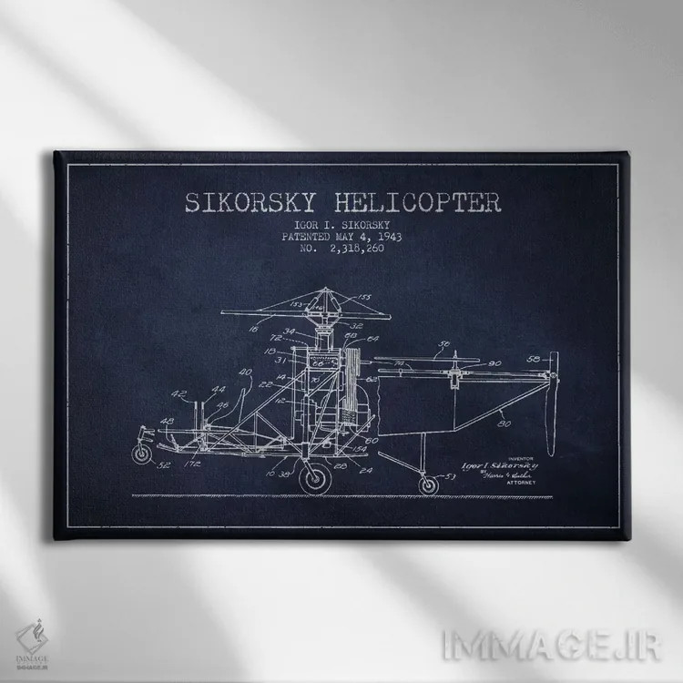 تابلو نقشهٔ ثبت اختراع هلیکوپتر (آبی نفتی) اثر پیکسل کهنه (استودیو/نام هنری) - نمای روبهرو روی دیوار