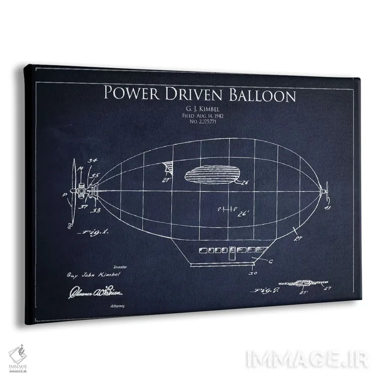 تابلو نقشه ثبت اختراع کشتی هوایی زپلین (آبی نفتی) اثر پیکسل کهنه (استودیو/نام هنری) - نمای پرسپکتیو محصول