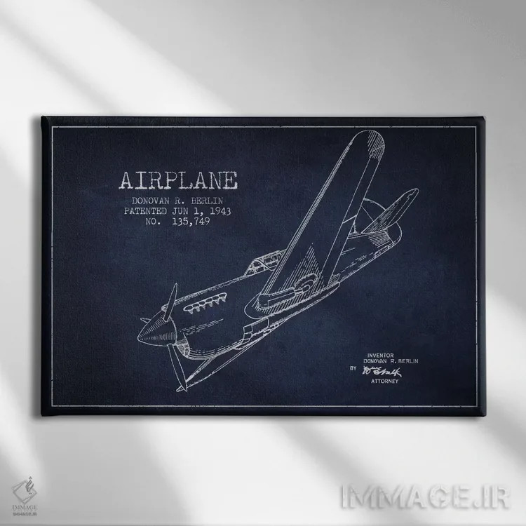تابلو نقشهٔ ثبت اختراع هواپیما (آبی نفتی) اثر پیکسل کهنه (استودیو/نام هنری) - نمای روبهرو روی دیوار
