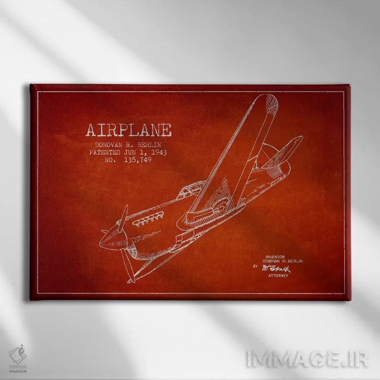 تابلو نقشهٔ ثبت اختراع هواپیما (قرمز) اثر پیکسل کهنه (استودیو/نام هنری) - نمای روبهرو روی دیوار