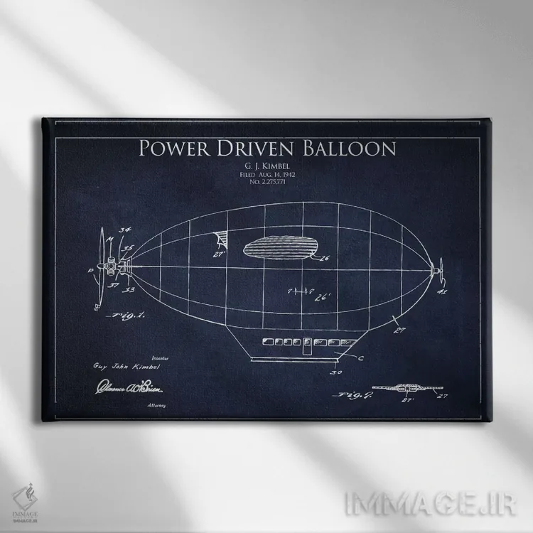 تابلو نقشه ثبت اختراع کشتی هوایی زپلین (آبی نفتی) اثر پیکسل کهنه (استودیو/نام هنری) - نمای روبهرو روی دیوار