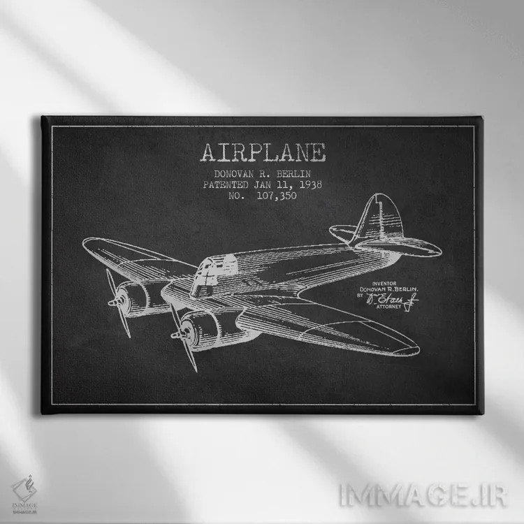 تابلو نقشه ثبت اختراع هواپیما (ذغالی) اثر پیکسل کهنه (استودیو/نام هنری) - نمای روبهرو روی دیوار