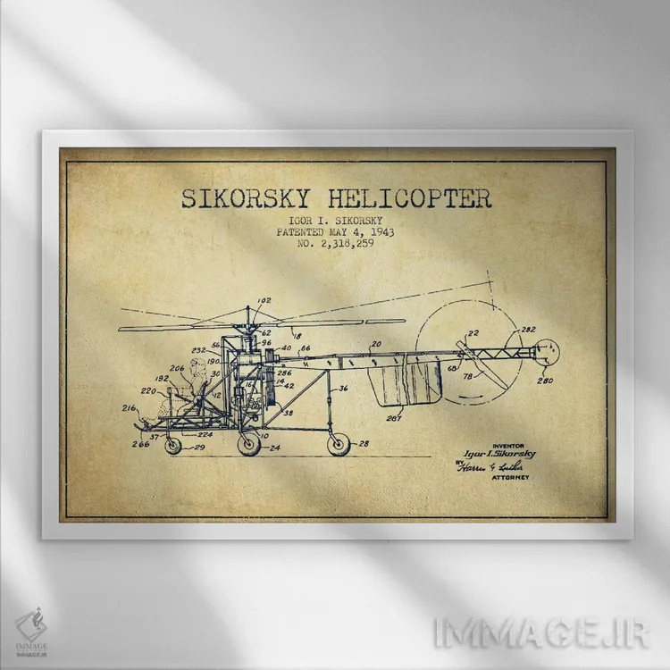 تابلو نقشهٔ ثبت اختراع قدیمی هلیکوپتر اثر پیکسل کهنه (استودیو/نام هنری) - نمای قابدار سفید