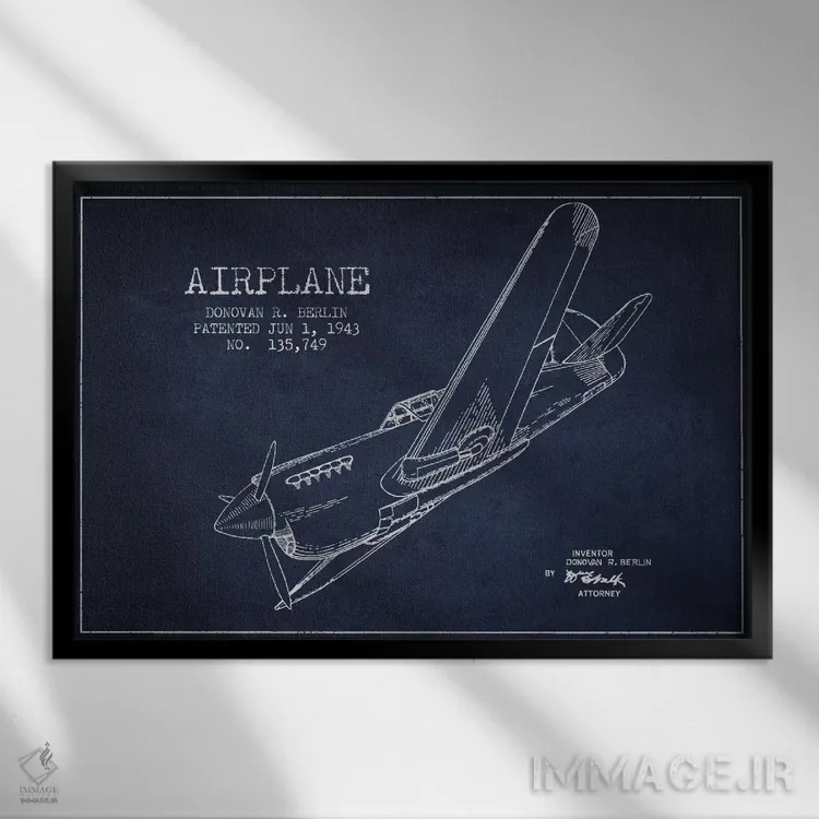 تابلو نقشهٔ ثبت اختراع هواپیما (آبی نفتی) اثر پیکسل کهنه (استودیو/نام هنری) - نمای قابدار مشکی