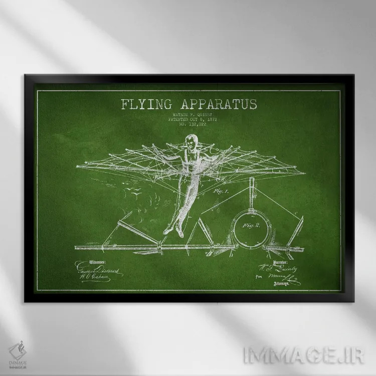 تابلو نقشه ثبت اختراع دستگاه پروازی (سبز) اثر پیکسل کهنه (استودیو/نام هنری) - نمای قابدار مشکی