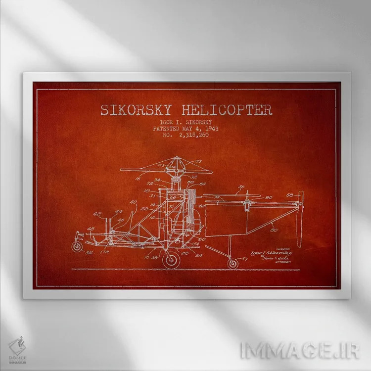 تابلو نقشهٔ ثبت اختراع هلیکوپتر (قرمز) اثر پیکسل کهنه (استودیو/نام هنری) - نمای قابدار سفید