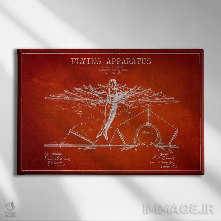 تابلو نقشه ثبت اختراع دستگاه پروازی (قرمز) اثر پیکسل کهنه (استودیو/نام هنری) - نمای روبهرو روی دیوار