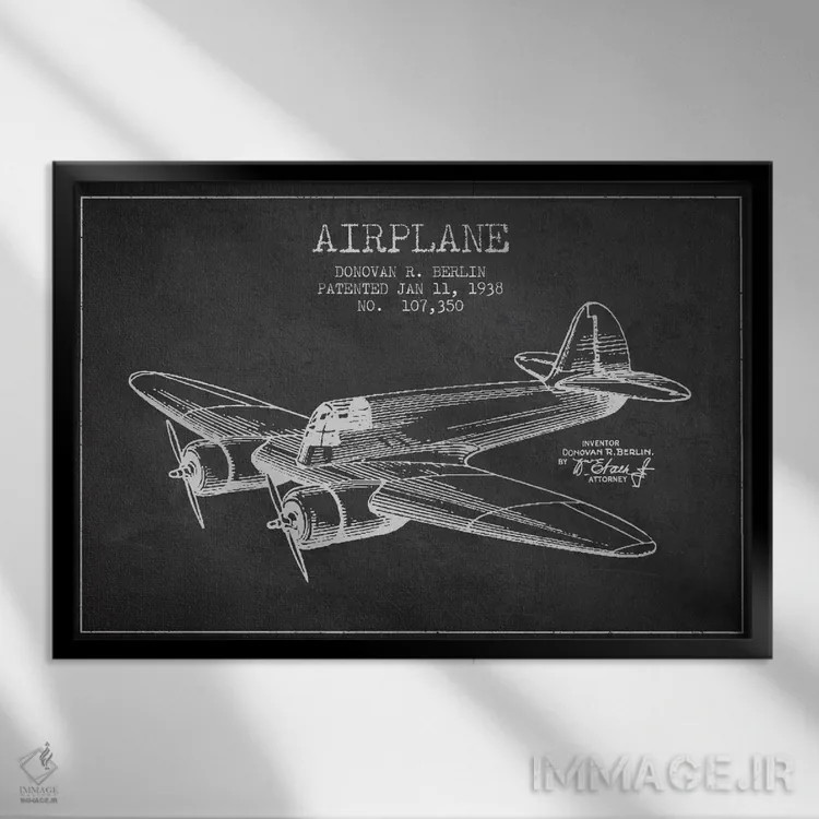 تابلو نقشه ثبت اختراع هواپیما (ذغالی) اثر پیکسل کهنه (استودیو/نام هنری) - نمای قابدار مشکی