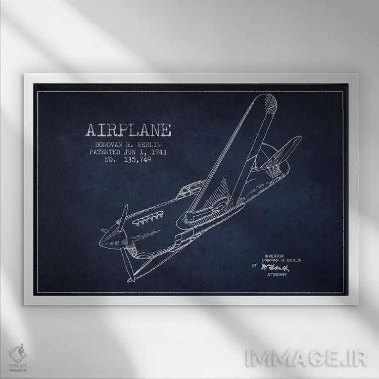 تابلو نقشهٔ ثبت اختراع هواپیما (آبی نفتی) اثر پیکسل کهنه (استودیو/نام هنری) - نمای قابدار سفید