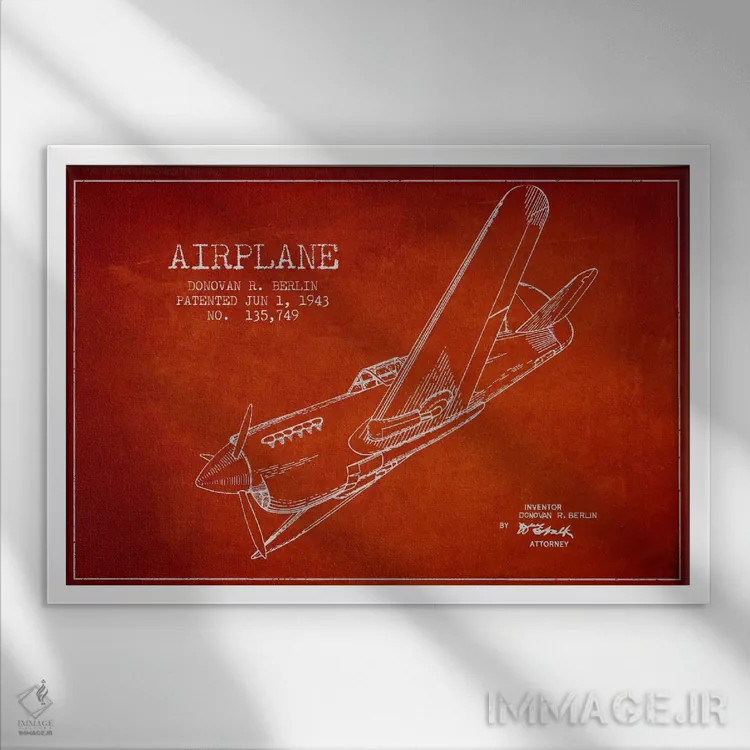 تابلو نقشهٔ ثبت اختراع هواپیما (قرمز) اثر پیکسل کهنه (استودیو/نام هنری) - نمای قابدار سفید