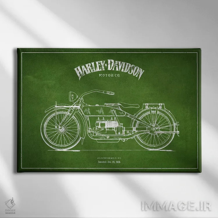تابلو نقشه ثبت اختراع هارلی-دیویدسون (سبز) اثر پیکسل کهنه (استودیو/نام هنری) - نمای روبهرو روی دیوار