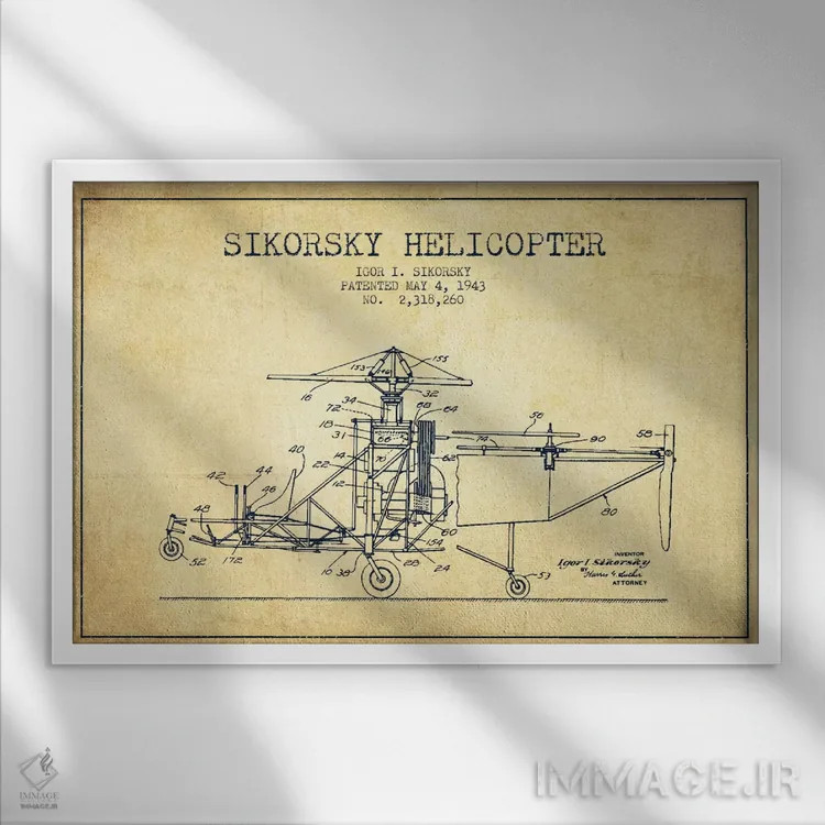 تابلو نقشهٔ ثبت اختراع قدیمی هلیکوپتر اثر پیکسل کهنه (استودیو/نام هنری) - نمای قابدار سفید
