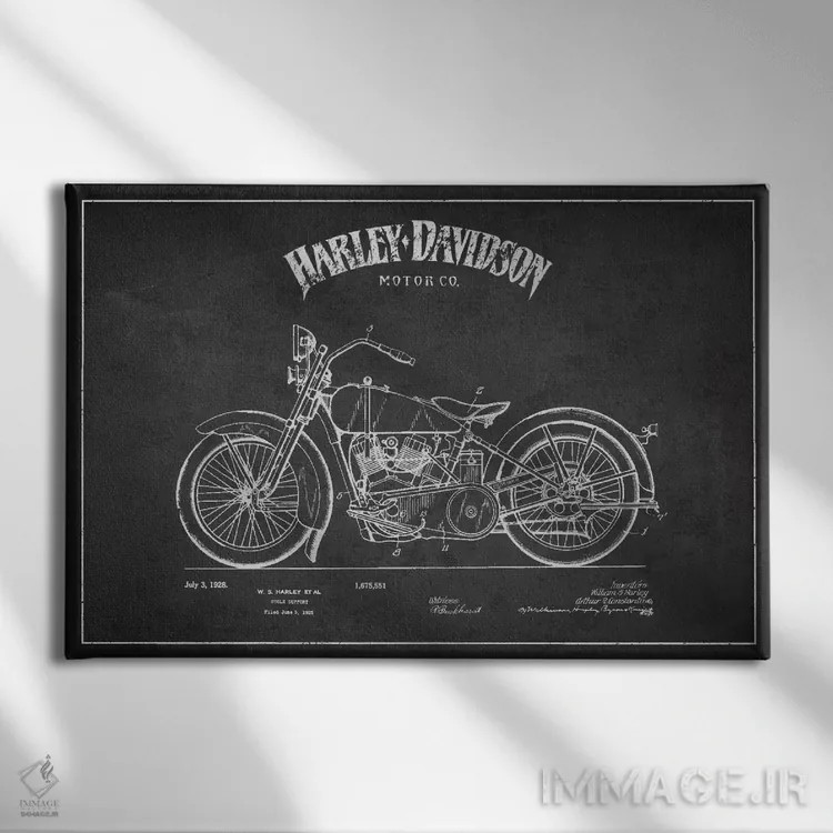تابلو نقشه ثبت اختراع هارلی-دیویدسون (ذغالی) اثر پیکسل کهنه (استودیو/نام هنری) - نمای روبهرو روی دیوار