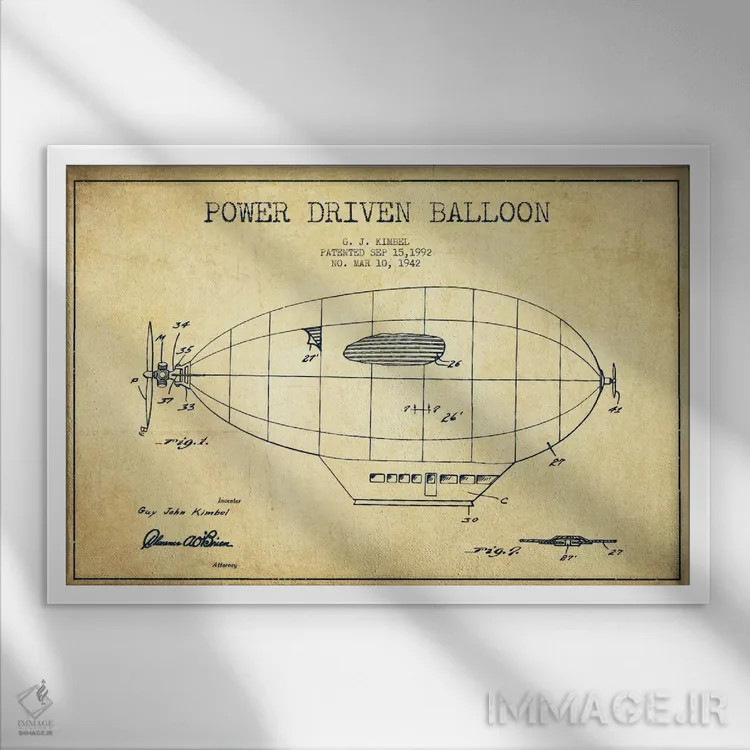 تابلو نقشه ثبت اختراع کشتی هوایی زپلین (کلاسیک) اثر پیکسل کهنه (استودیو/نام هنری) - نمای قابدار سفید