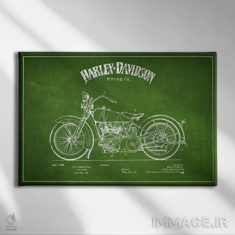 تابلو نقشه ثبت اختراع هارلی-دیویدسون (سبز) اثر پیکسل کهنه (استودیو/نام هنری) - نمای روبهرو روی دیوار