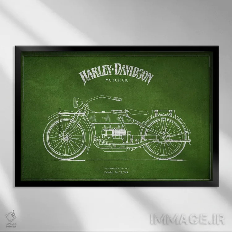 تابلو نقشه ثبت اختراع هارلی-دیویدسون (سبز) اثر پیکسل کهنه (استودیو/نام هنری) - نمای قابدار مشکی