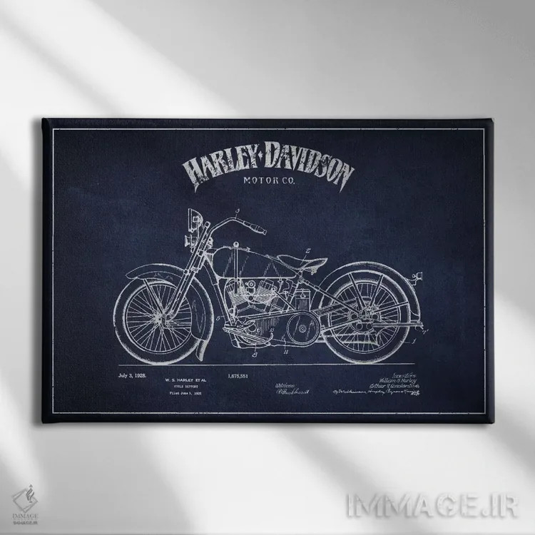 تابلو نقشه ثبت اختراع هارلی-دیویدسون (آبی نفتی) اثر پیکسل کهنه (استودیو/نام هنری) - نمای روبهرو روی دیوار