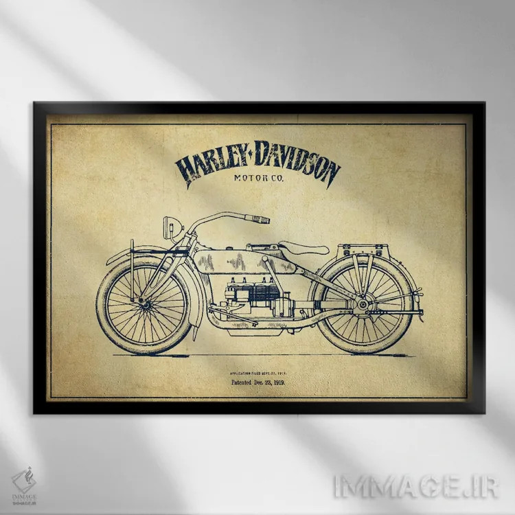تابلو نقشه ثبت اختراع هارلی-دیویدسون (کلاسیک) اثر پیکسل کهنه (استودیو/نام هنری) - نمای قابدار مشکی