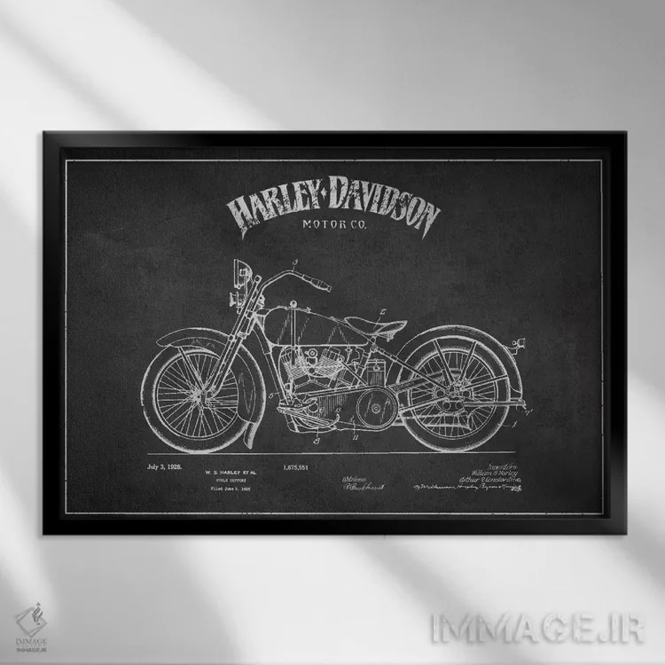 تابلو نقشه ثبت اختراع هارلی-دیویدسون (ذغالی) اثر پیکسل کهنه (استودیو/نام هنری) - نمای قابدار مشکی