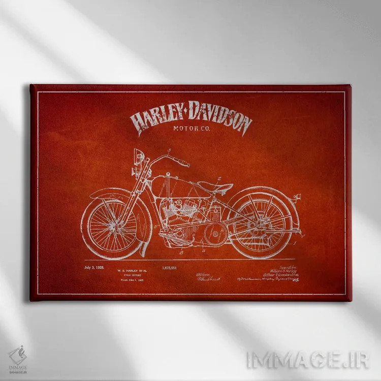 تابلو نقشه ثبت اختراع هارلی-دیویدسون (قرمز) اثر پیکسل کهنه (استودیو/نام هنری) - نمای روبهرو روی دیوار