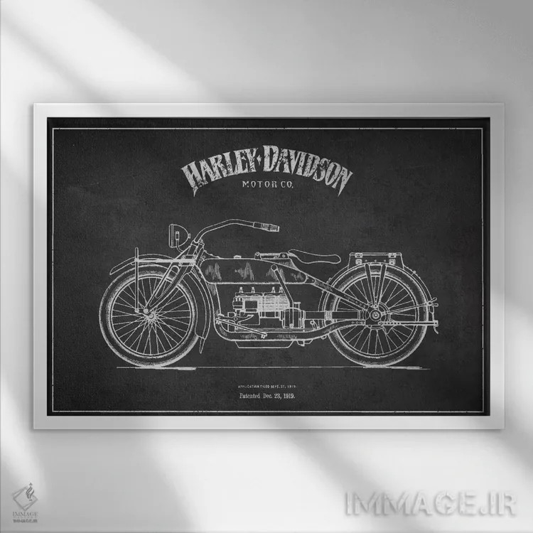تابلو نقشه ثبت اختراع هارلی-دیویدسون (ذغالی) اثر پیکسل کهنه (استودیو/نام هنری) - نمای قابدار سفید