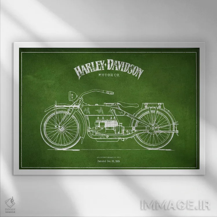 تابلو نقشه ثبت اختراع هارلی-دیویدسون (سبز) اثر پیکسل کهنه (استودیو/نام هنری) - نمای قابدار سفید