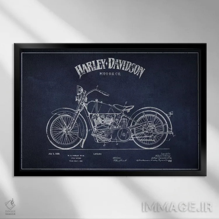 تابلو نقشه ثبت اختراع هارلی-دیویدسون (آبی نفتی) اثر پیکسل کهنه (استودیو/نام هنری) - نمای قابدار مشکی