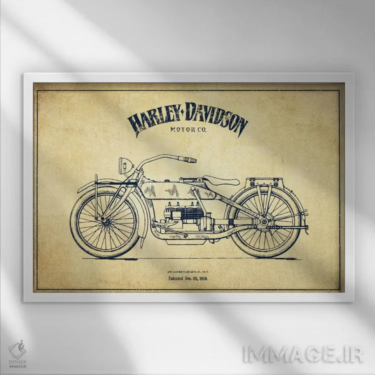 تابلو نقشه ثبت اختراع هارلی-دیویدسون (کلاسیک) اثر پیکسل کهنه (استودیو/نام هنری) - نمای قابدار سفید