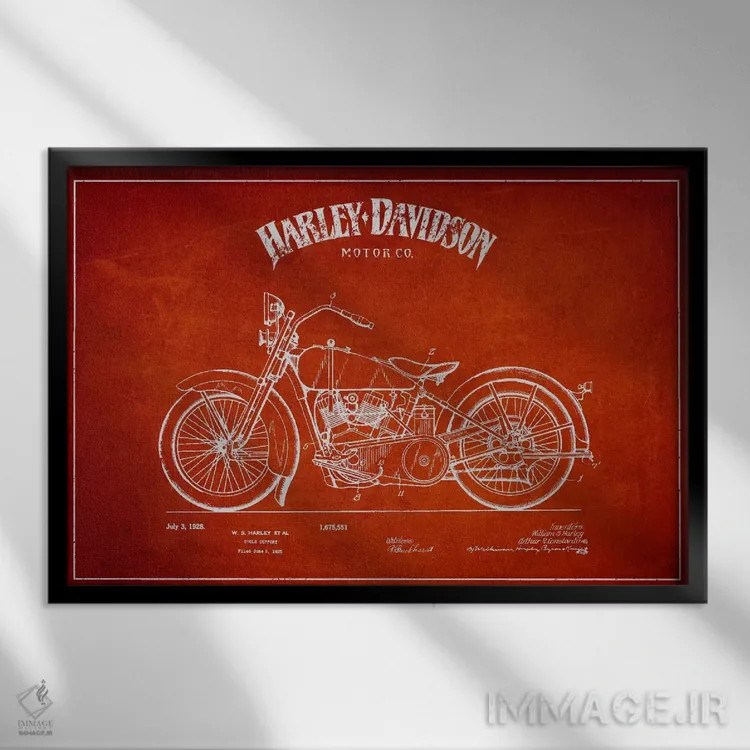 تابلو نقشه ثبت اختراع هارلی-دیویدسون (قرمز) اثر پیکسل کهنه (استودیو/نام هنری) - نمای قابدار مشکی