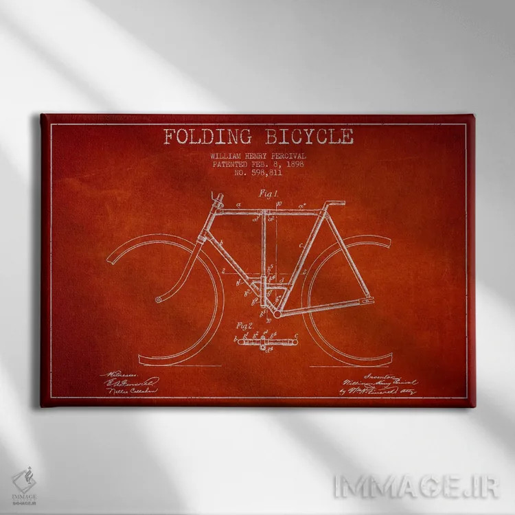 تابلو نقشه ثبت اختراع دوچرخه (قرمز) اثر پیکسل کهنه (استودیو/نام هنری) - نمای روبهرو روی دیوار