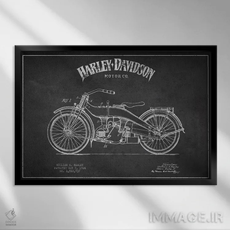 تابلو نقشه ثبت اختراع هارلی-دیویدسون (ذغالی) اثر پیکسل کهنه (استودیو/نام هنری) - نمای قابدار مشکی