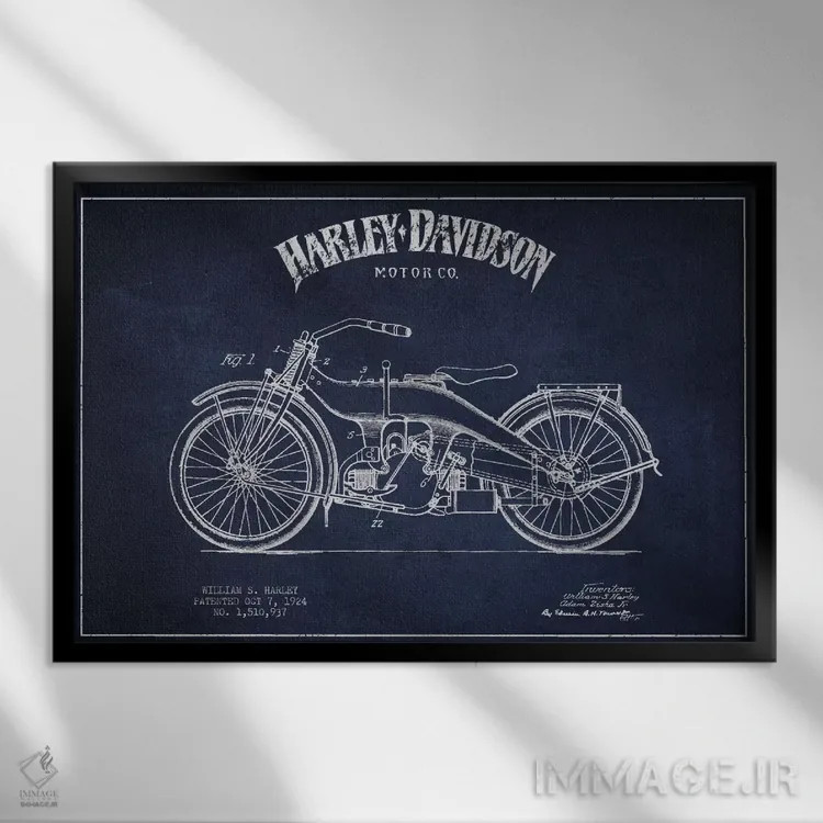 تابلو نقشه ثبت اختراع هارلی-دیویدسون (آبی نفتی) اثر پیکسل کهنه (استودیو/نام هنری) - نمای قابدار مشکی