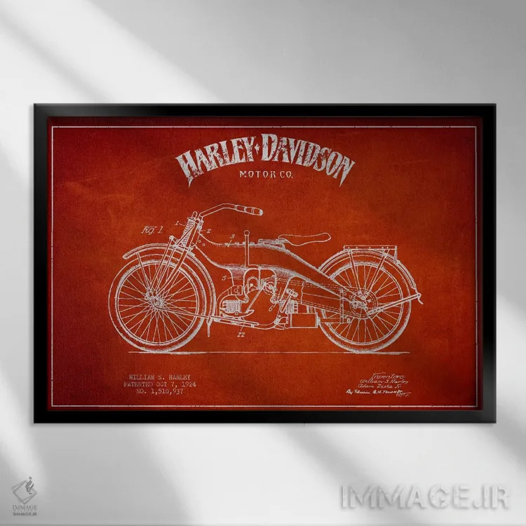 تابلو نقشه ثبت اختراع هارلی-دیویدسون (قرمز) اثر پیکسل کهنه (استودیو/نام هنری) - نمای قابدار مشکی