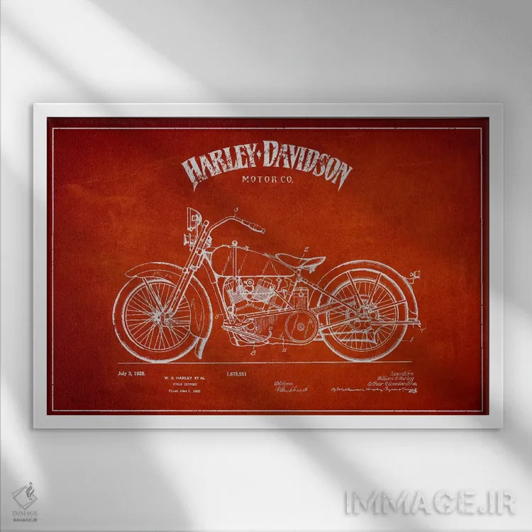 تابلو نقشه ثبت اختراع هارلی-دیویدسون (قرمز) اثر پیکسل کهنه (استودیو/نام هنری) - نمای قابدار سفید