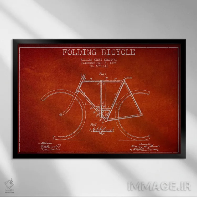 تابلو نقشه ثبت اختراع دوچرخه (قرمز) اثر پیکسل کهنه (استودیو/نام هنری) - نمای قابدار مشکی