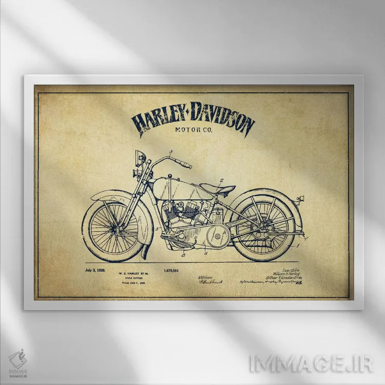 تابلو نقشه ثبت اختراع هارلی-دیویدسون (کلاسیک) اثر پیکسل کهنه (استودیو/نام هنری) - نمای قابدار سفید