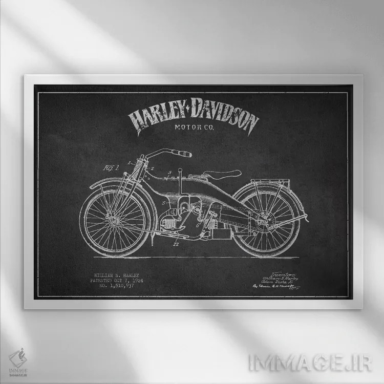 تابلو نقشه ثبت اختراع هارلی-دیویدسون (ذغالی) اثر پیکسل کهنه (استودیو/نام هنری) - نمای قابدار سفید