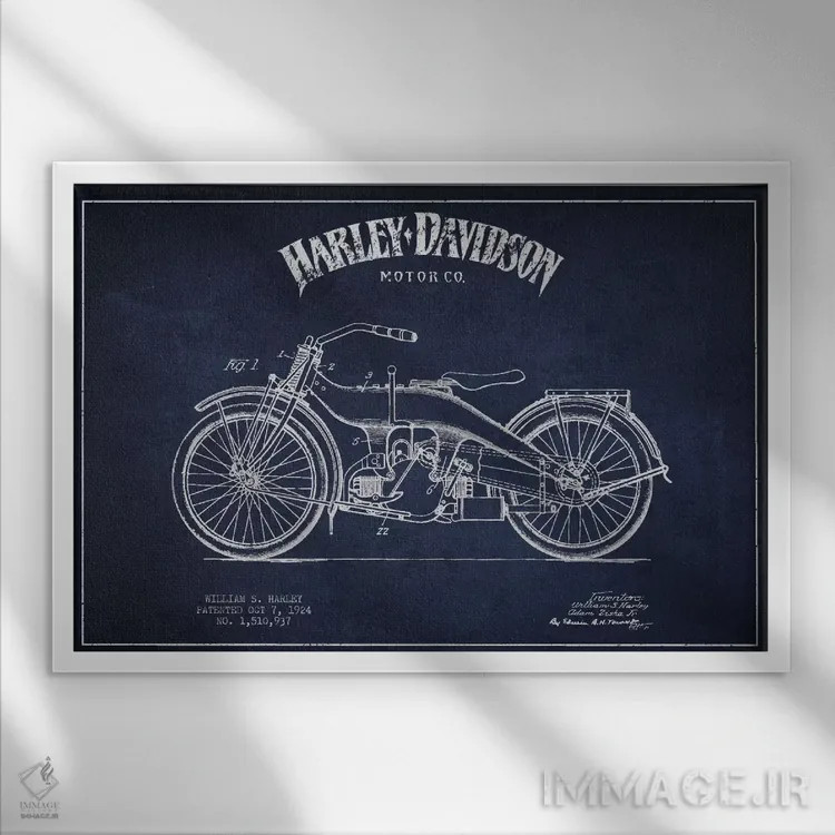 تابلو نقشه ثبت اختراع هارلی-دیویدسون (آبی نفتی) اثر پیکسل کهنه (استودیو/نام هنری) - نمای قابدار سفید