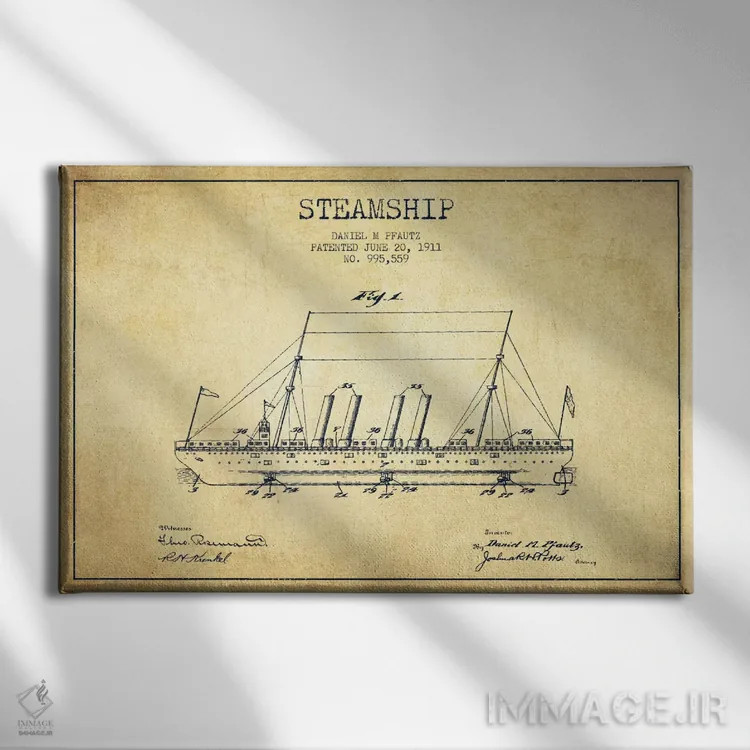 تابلو نقشهٔ ثبت اختراع کشتی بخار (وینتیج/قدیمی) اثر پیکسل کهنه (استودیو/نام هنری) - نمای روبهرو روی دیوار