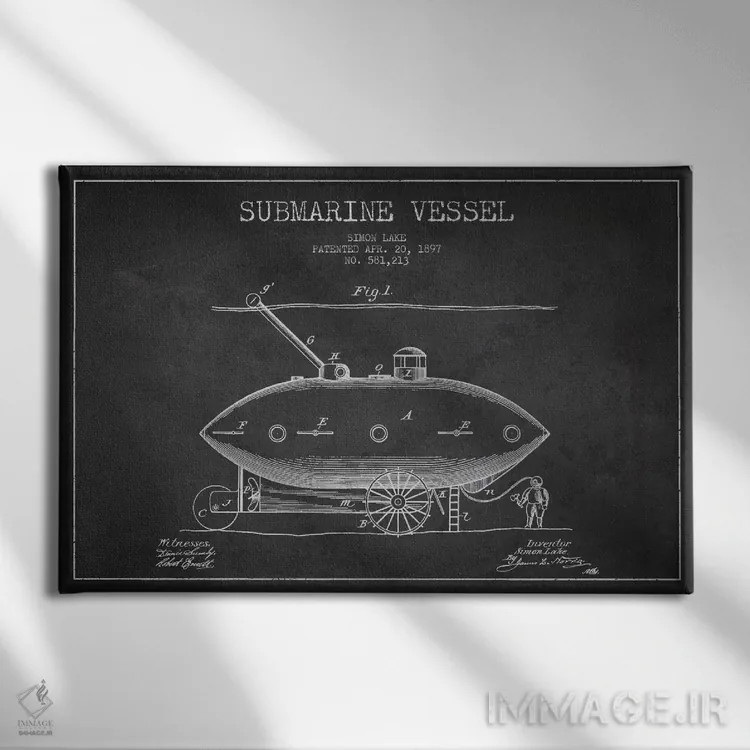 تابلو نقشهٔ ثبت اختراع زیردریایی (زغالی) اثر پیکسل کهنه (استودیو/نام هنری) - نمای روبهرو روی دیوار