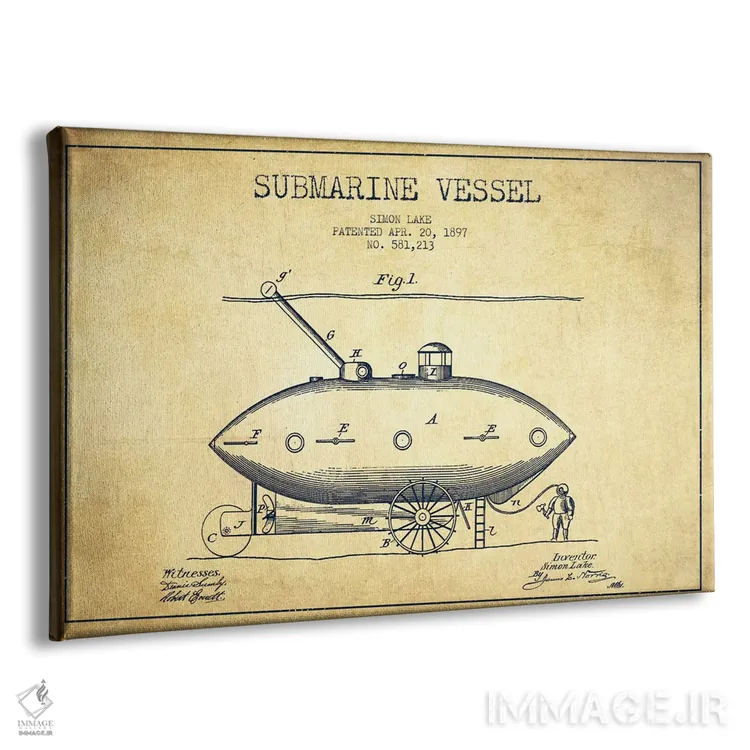 تابلو نقشهٔ ثبت اختراع زیردریایی (وینتیج/قدیمی) اثر پیکسل کهنه (استودیو/نام هنری) - نمای پرسپکتیو محصول