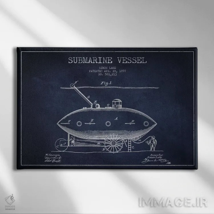 تابلو نقشهٔ ثبت اختراع زیردریایی (سرمهای) اثر پیکسل کهنه (استودیو/نام هنری) - نمای روبهرو روی دیوار