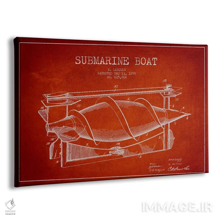 تابلو نقشهٔ ثبت اختراع زیردریایی (قرمز) اثر پیکسل کهنه (استودیو/نام هنری) - نمای پرسپکتیو محصول