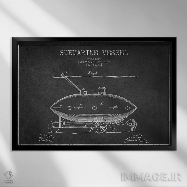 تابلو نقشهٔ ثبت اختراع زیردریایی (زغالی) اثر پیکسل کهنه (استودیو/نام هنری) - نمای قابدار مشکی