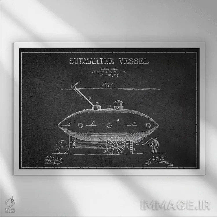 تابلو نقشهٔ ثبت اختراع زیردریایی (زغالی) اثر پیکسل کهنه (استودیو/نام هنری) - نمای قابدار سفید