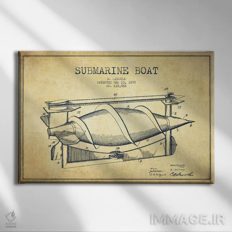 تابلو نقشهٔ ثبت اختراع زیردریایی (وینتیج/قدیمی) اثر پیکسل کهنه (استودیو/نام هنری) - نمای روبهرو روی دیوار