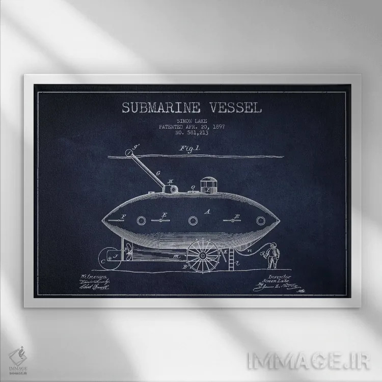 تابلو نقشهٔ ثبت اختراع زیردریایی (سرمهای) اثر پیکسل کهنه (استودیو/نام هنری) - نمای قابدار سفید