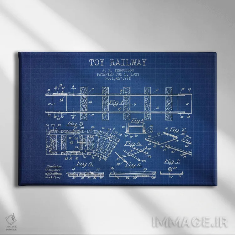 تابلو طرح ثبت اختراع قطار اسباب بازی آ. آر. فرگوسن (شبکه آبی) اثر پیکسل کهنه (استودیو/نام هنری) - نمای روبهرو روی دیوار